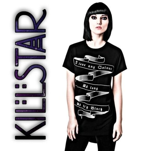 Killstar ✦ “Fact” Cut-Out Back Tee ✦ Black Jersey Embroidered Gothic Top Size S - Picture 3 of 5